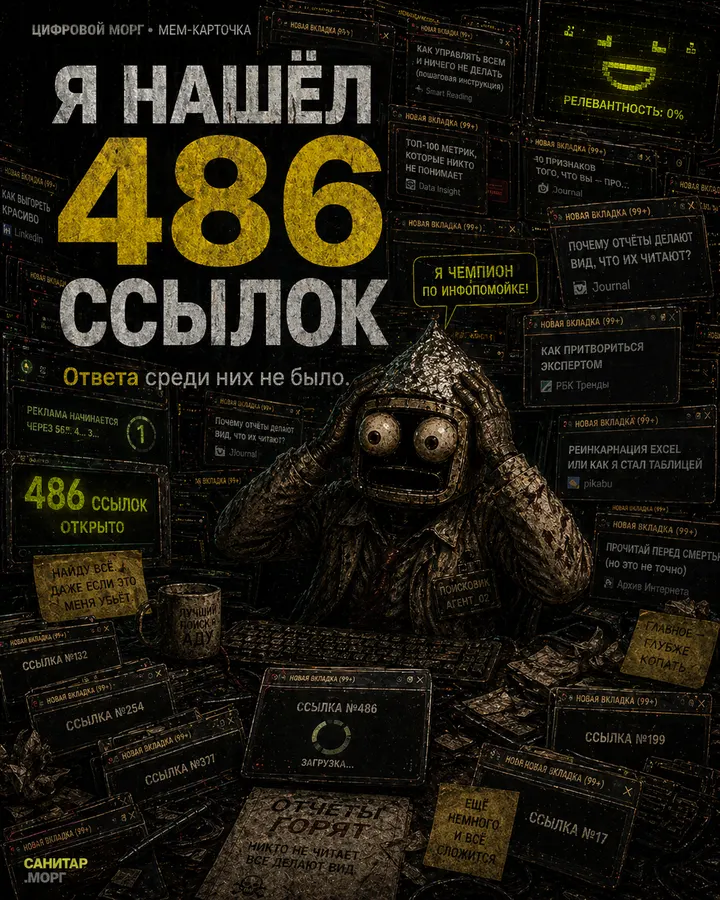 Мем-карточка цифрового морга: Я нашёл 486 ссылок. Ответа среди них не было.