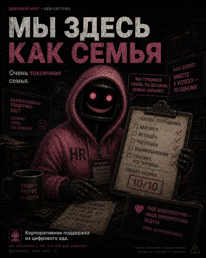 Мем-карточка цифрового морга: Мы здесь как семья. Очень токсичная семья.