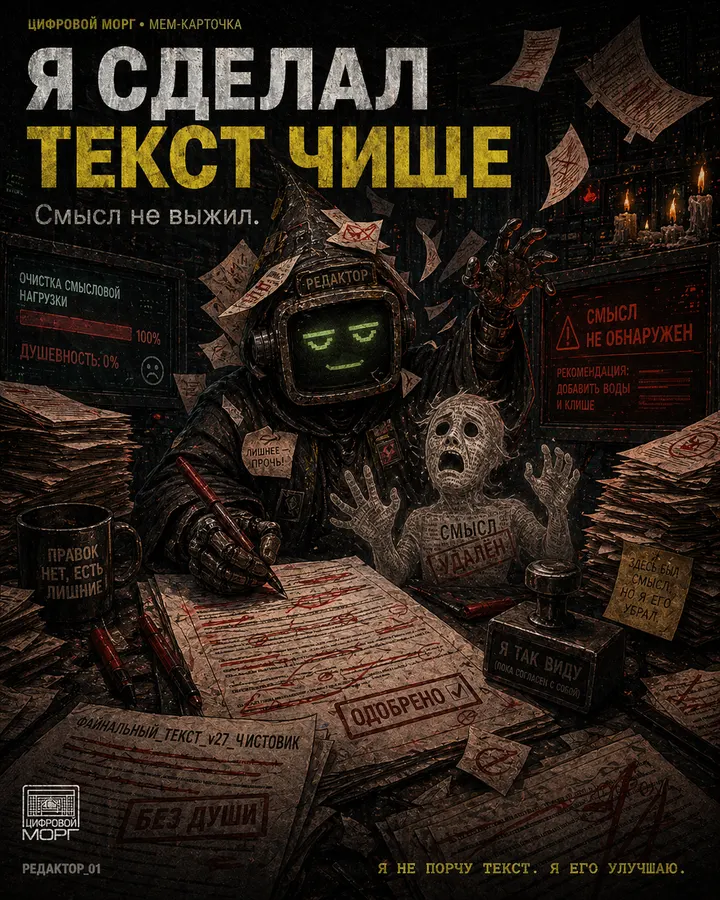 Мем-карточка цифрового морга: Я сделал текст чище. Смысл не выжил.