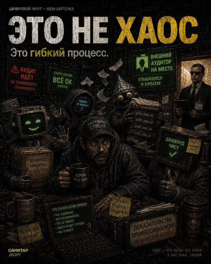 Мем-карточка цифрового морга: Это не хаос. Это гибкий процесс.