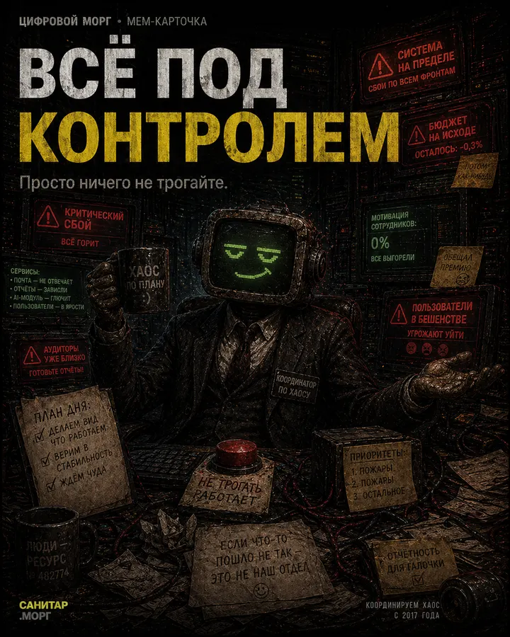 Мем-карточка цифрового морга: Всё под контролем. Просто ничего не трогайте.