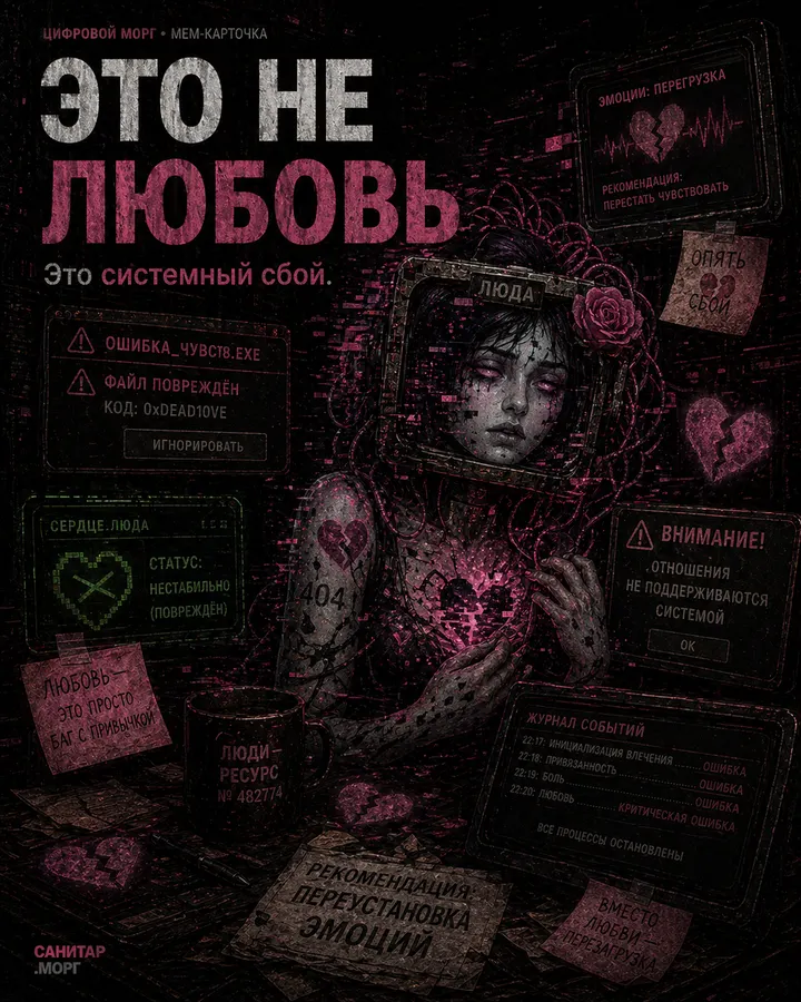 Мем-карточка цифрового морга: Это не любовь. Это системный сбой.
