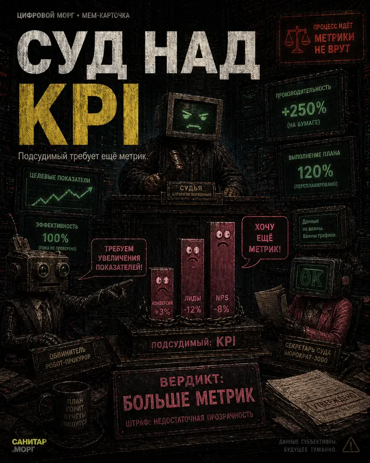 Мем-карточка цифрового морга: Суд над KPI. Подсудимый требует ещё метрик.
