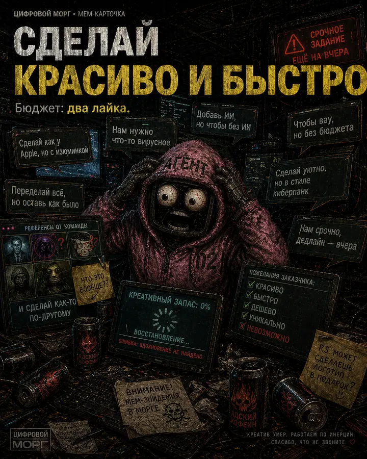Мем-карточка цифрового морга: Сделай красиво и быстро. Бюджет: два лайка.